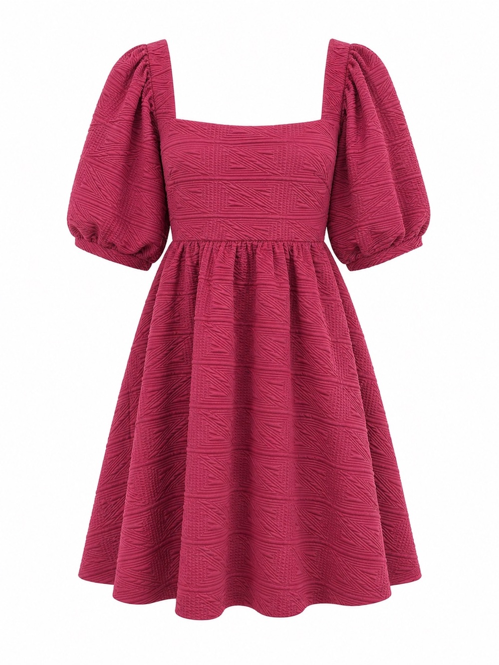 Free People Textured Puff-Sleeve Square-Neck Babydoll Dress — Berry Pink